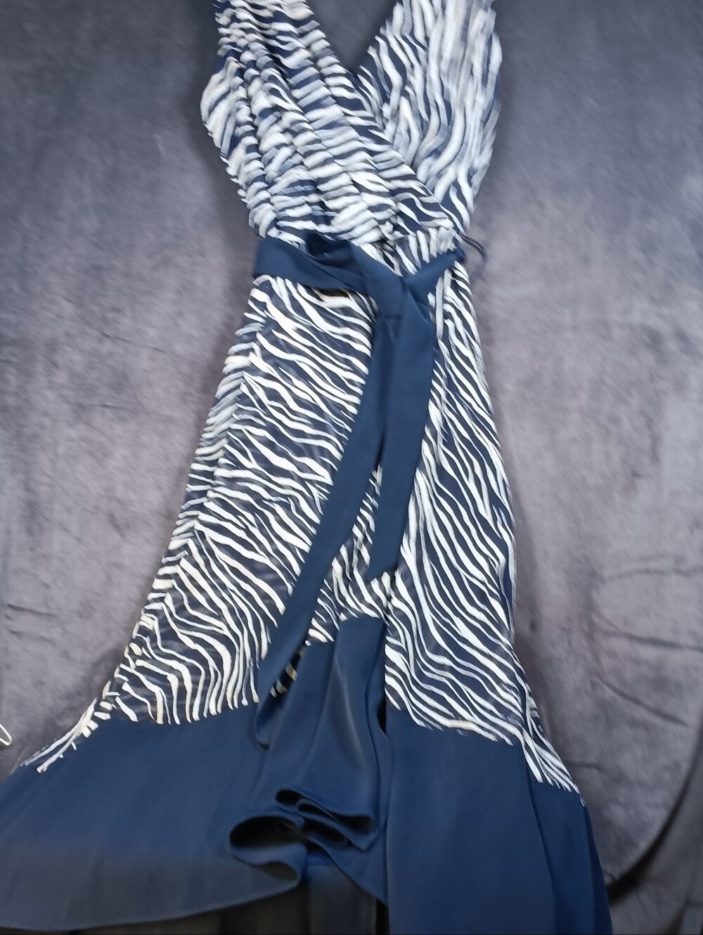 DKNY Navy and White Zebra-Print Midi Wrap Dress with Tie Waist.